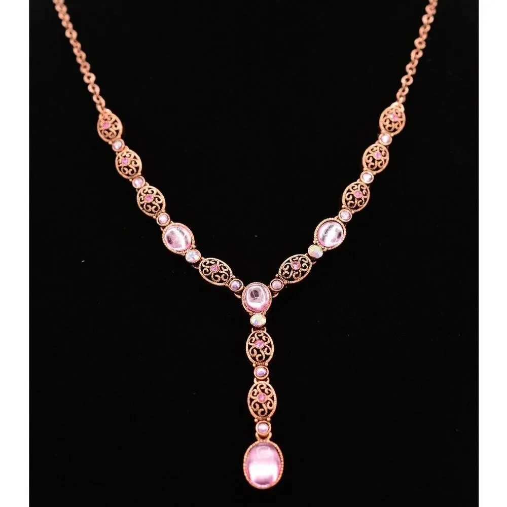 Avon Vintage Cabochon Necklace Pink Crystal Collar Rose Gold Signed 1980s Bin4A